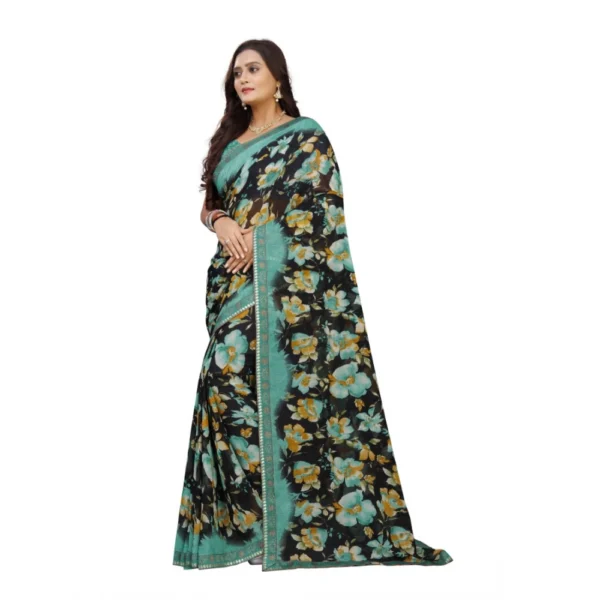 Women's Georgette Floral Print Saree With Unstitched Blouse 5.5Mtr (Blue-Black)