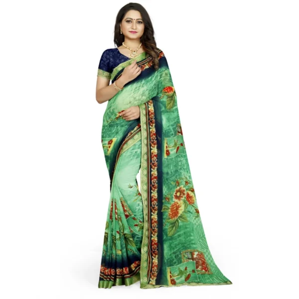 Women's Georgette Floral Print Saree With Unstitched Blouse 5.5Mtr (Green)