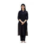 Women's Cotton Solid 3/4 Sleeve Mandarin collar Kurti (Black)