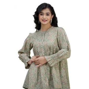 Women's Cotton Printed Full Sleeve Mandarin collar Tunics (Green)