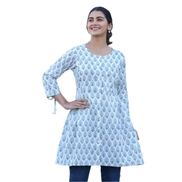 Women's Cotton Printed 3/4 Sleeve Round Neck Tunics (White)