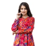 Women's Cotton Printed Full Sleeve Mandarin collar Top (Red)