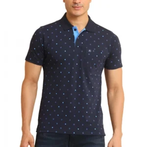 Men's Casual Cotton Printed Polo Neck Half Sleeve T-Shirt (Navy)