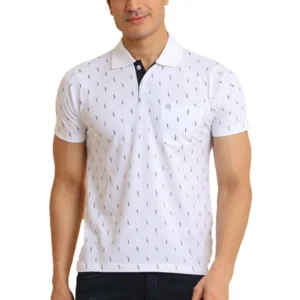 Men's Casual Cotton Printed Polo Neck Half Sleeve T-Shirt (White)