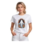 Women's Polyester Solid Printed Round Neck Half Sleeve T-shirt (White)