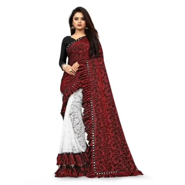 Women's Silk With Mirror Lace Solid Saree With Unstitched Blouse (Red, 5-5 Mtrs)