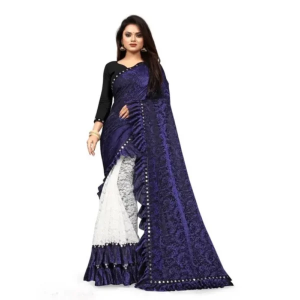 Women's Silk With Mirror Lace Solid Saree With Unstitched Blouse (Blue, 5-5 Mtrs)