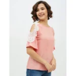 Women's Polyester Lace Inserts Cold Shoulder Top (Pink)