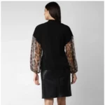 Women's Polyester Animal Print Long Sleeves Top (Black)