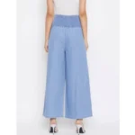 Women's Denim Solid Smocked Trousers (Blue)