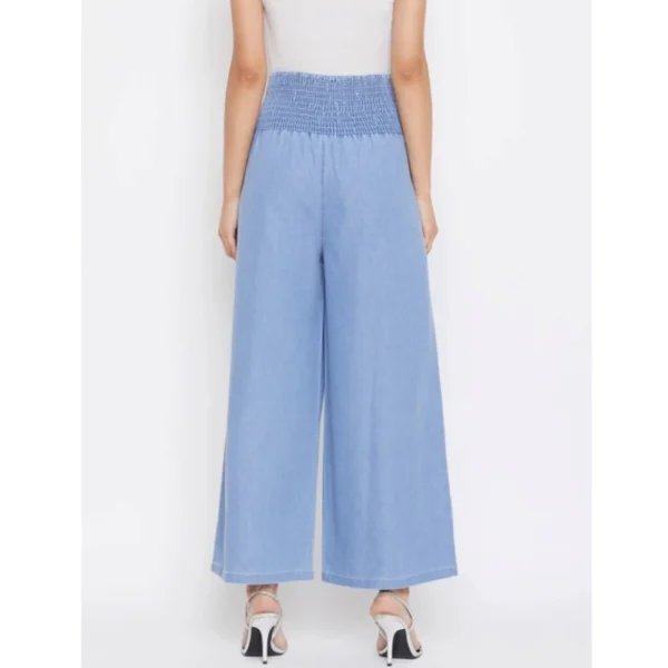 Women's Denim Solid Smocked Trousers (Blue)