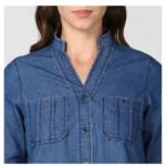 Women's Denim Solid Long Sleeves Top (Blue)