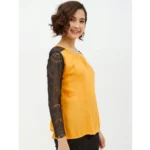 Women's Rayon Lace Inserts Long Sleeves Top (Yellow)