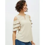 Women's Polyester Tiered Cold Shoulder Top (Beige)