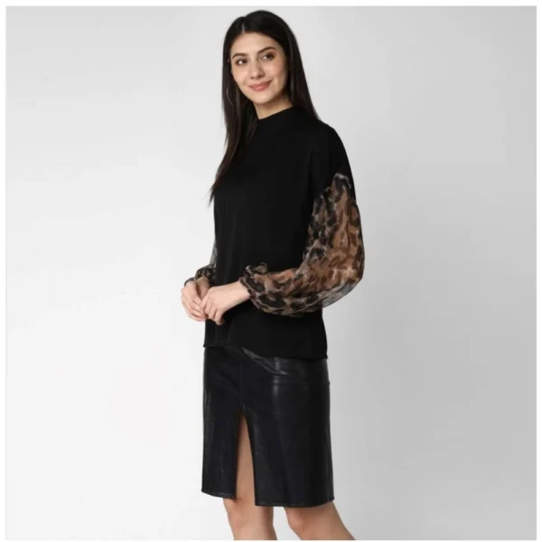 Women's Polyester Animal Print Long Sleeves Top (Black)