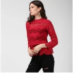 Women's Cotton Self Design Long Sleeves Top (Maroon)