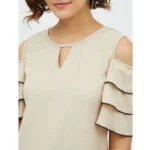 Women's Polyester Tiered Cold Shoulder Top (Beige)