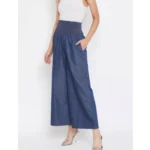 Women's Denim Solid Smocked Trousers (Navy Blue)