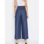 Women's Denim Solid Smocked Trousers (Navy Blue)