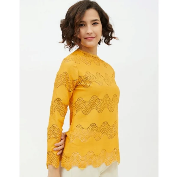 Women's Cotton Lace Inserts Long Sleeves Top (Yellow)