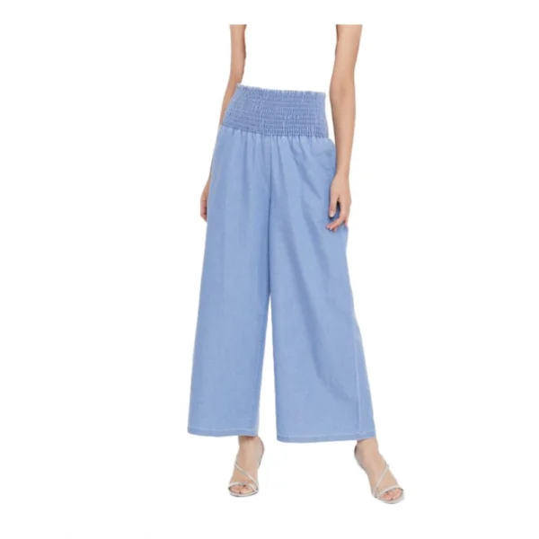 Women's Denim Solid Smocked Trousers (Blue)