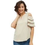 Women's Polyester Tiered Cold Shoulder Top (Beige)