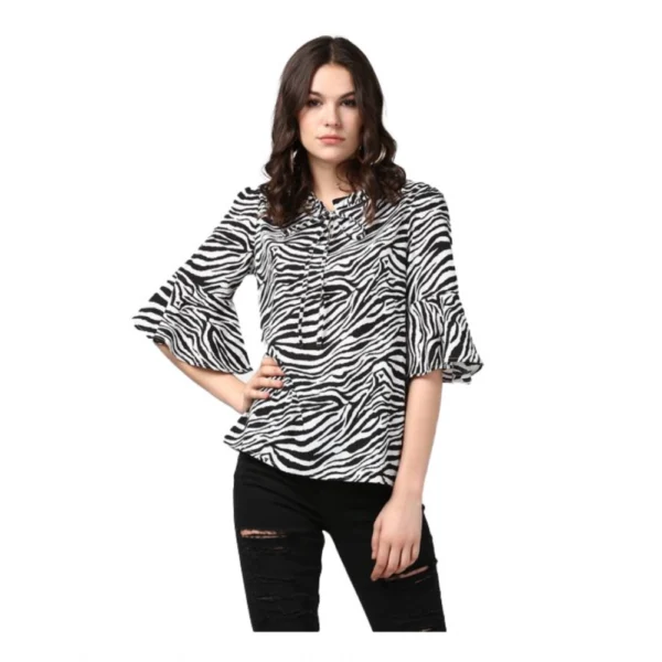 Women's Polyester Animal Print Bell Sleeve Top (Black - White)