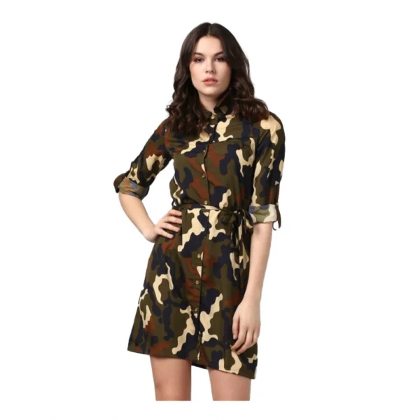 Women's Polyester Printed Roll Up Sleeve Tunic Top (Green - Black)