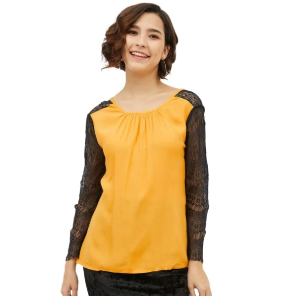 Women's Rayon Lace Inserts Long Sleeves Top (Yellow)