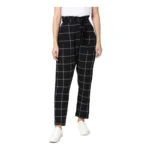 Women's Polyester Checkered Elasticated Trousers (Black - White)