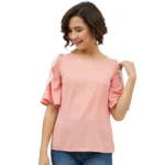 Women's Polyester Lace Inserts Cold Shoulder Top (Pink)