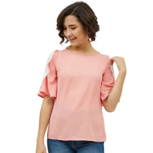 Women's Polyester Lace Inserts Cold Shoulder Top (Pink)