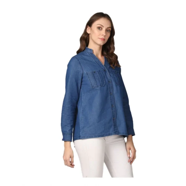 Women's Denim Solid Long Sleeves Top (Blue)