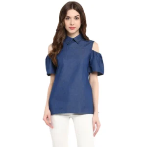 Women's Denim Solid Cold Shoulder Regular Top (Blue)