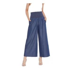 Women's Denim Solid Smocked Trousers (Navy Blue)