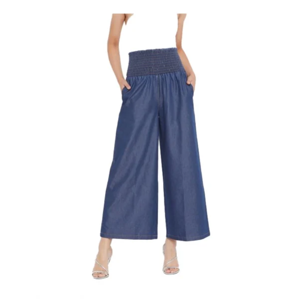 Women's Denim Solid Smocked Trousers (Navy Blue)