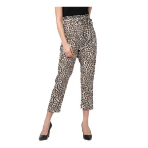 Women's Polyester Animal Print Elasticated Trousers (White - Yellow)