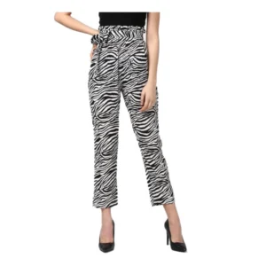 Women's Polyester Animal Print Elasticated Trousers (Black - White)