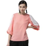 Women's Polyester Colour Block Slit Sleeve Top (Pink)