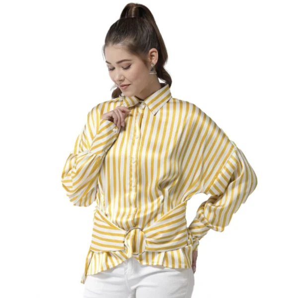 Women's Polyester Striped Long Sleeves Top (Yellow)