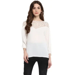 Women's Polyester Georgette Self Design 3-4th Sleeves Regular Top (White)