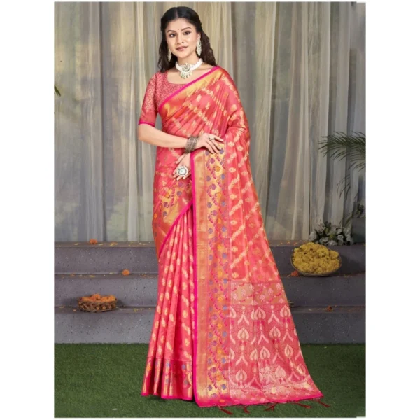 Women's Silk Woven Design Saree With Unstitched Blouse 5.5Mtr (Pink)