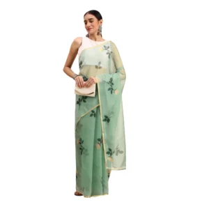 Women's Organza Printed Saree With Unstitched Blouse 5.5Mtr (Sea Green)