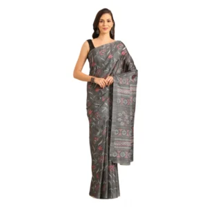 Women's Cotton Printed Saree With Unstitched Blouse 5.5Mtr (Grey)