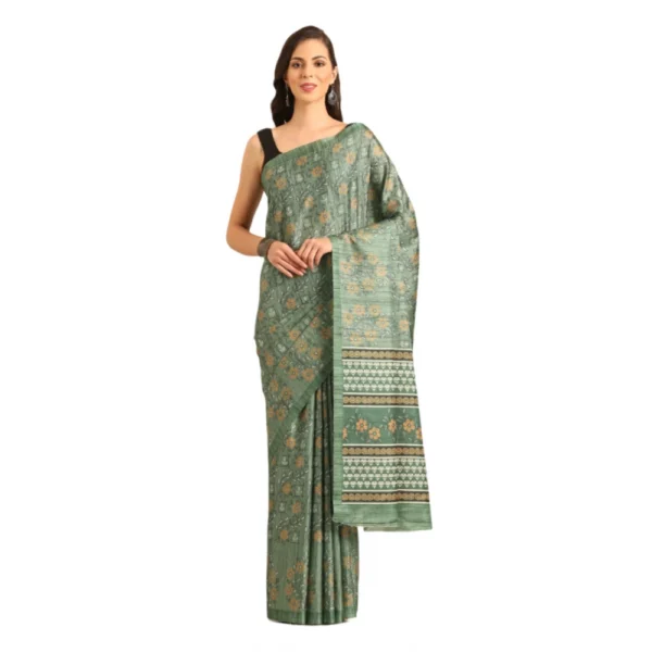 Women's Cotton Printed Saree With Unstitched Blouse 5.5Mtr (Green)