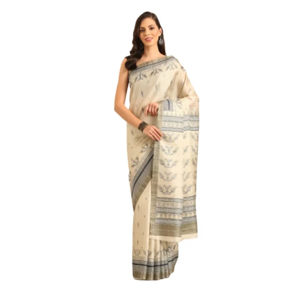 Women's Cotton Printed Saree With Unstitched Blouse 5.5Mtr (Cream)