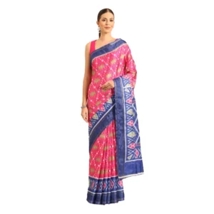 Women's Cotton Printed Saree With Unstitched Blouse 5.5Mtr (Pink-Blue)