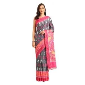 Women's Cotton Printed Saree With Unstitched Blouse 5.5Mtr (Grey-Pink)