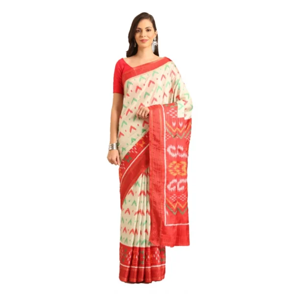 Women's Cotton Printed Saree With Unstitched Blouse 5.5Mtr (Off-white)