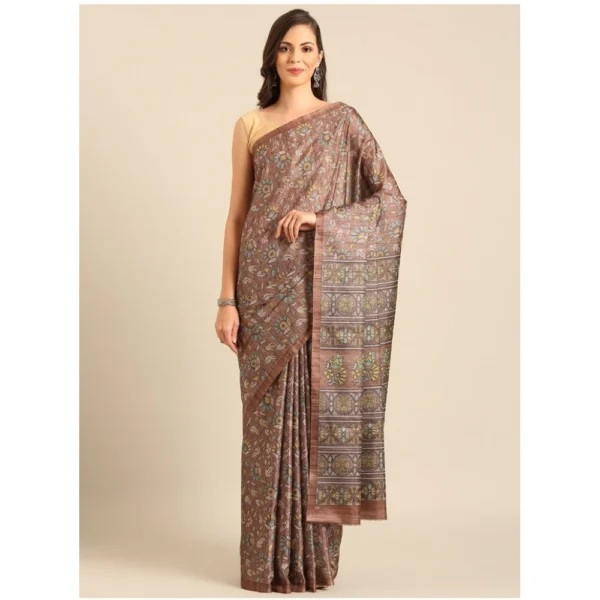 Women's Cotton Printed Saree With Unstitched Blouse 5.5Mtr (Brown-Yellow)